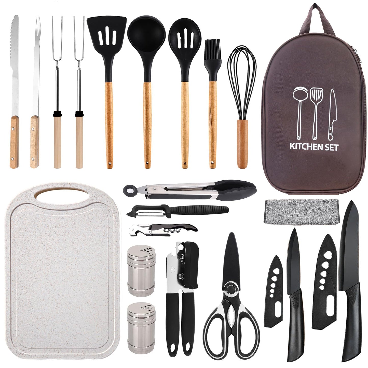 Pansyling Silicone Camping Cooking Set with Storage Bag RV Camping Must Haves Car Camping Essentials Camper Accessories Camping Kitchen Cooking Utensil for Picnic Hiking Travel