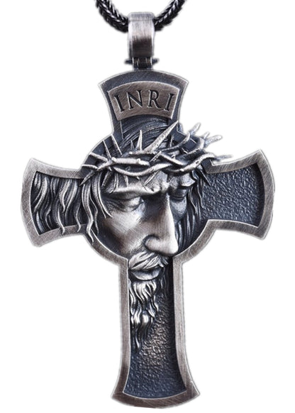 Vintage Jesus Cross Necklace with Leather Cord