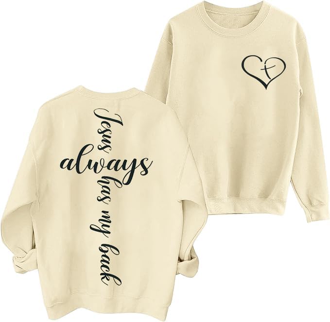 MNLYBABY Jesus Christian Sweatshirt Womens Jesus Always Has My Back Religious Shirts Inspirational Long Sleeve Pullovers Tops Apricot
