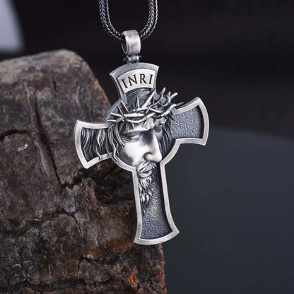 Vintage Jesus Cross Necklace with Leather Cord
