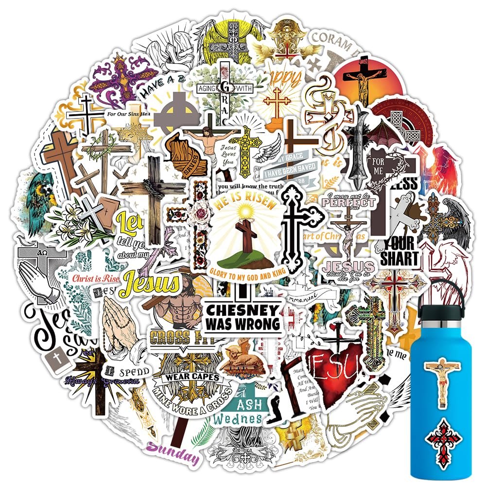 60pcs Inspirational Jesus Cross Stickers Christian Bible Verse Sticke Pack for KidsReligious Catholic Faith Sticker for Water Bottle，Vinyl Waterproof Decals forTeens/Adult Journaling