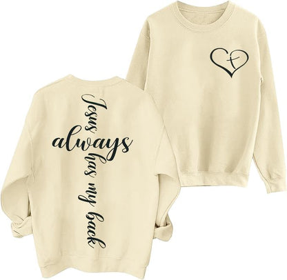 MNLYBABY Jesus Christian Sweatshirt Womens Jesus Always Has My Back Religious Shirts Inspirational Long Sleeve Pullovers Tops Apricot